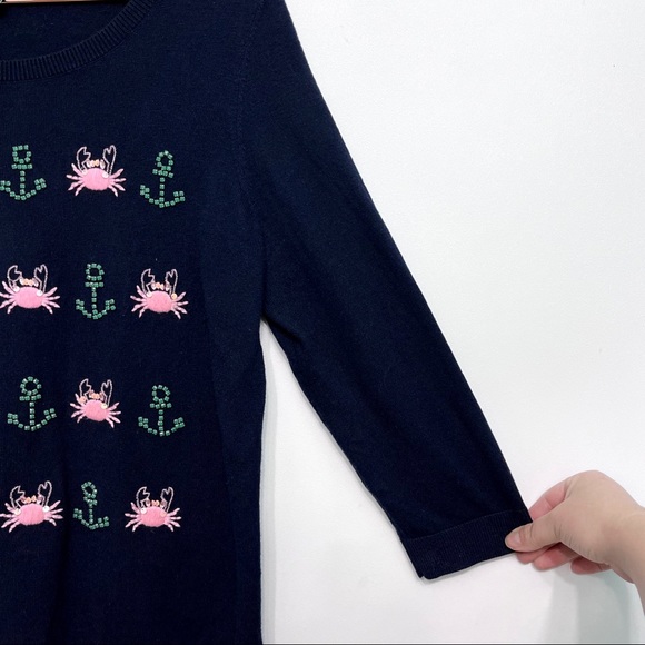 talbots | seashore embroidered crewneck sweater crab anchor nautical navy m - Picture 4 of 12